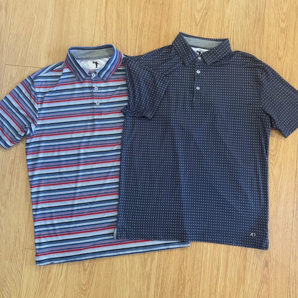 2 AndersonOrd Golf Polo Shirts Mens Medium Blue Red Striped Navy AOP Performance